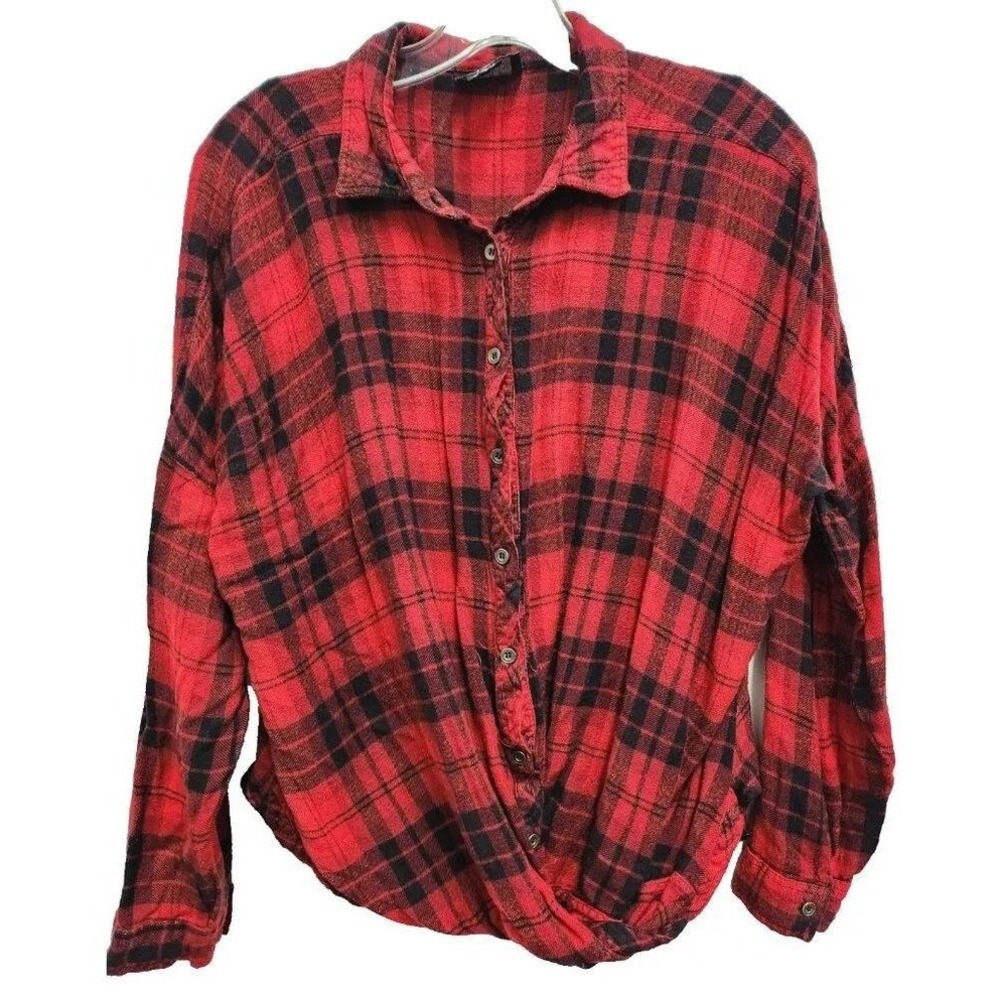Angie Plaid Button Up Shirt Womens L Red Black Twist Front Flannel Long Sleeve